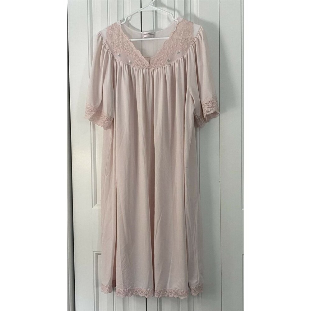SHADOWLINE Nightgown Woman Size 14 NYLON Pink Lacey Short Sleeve